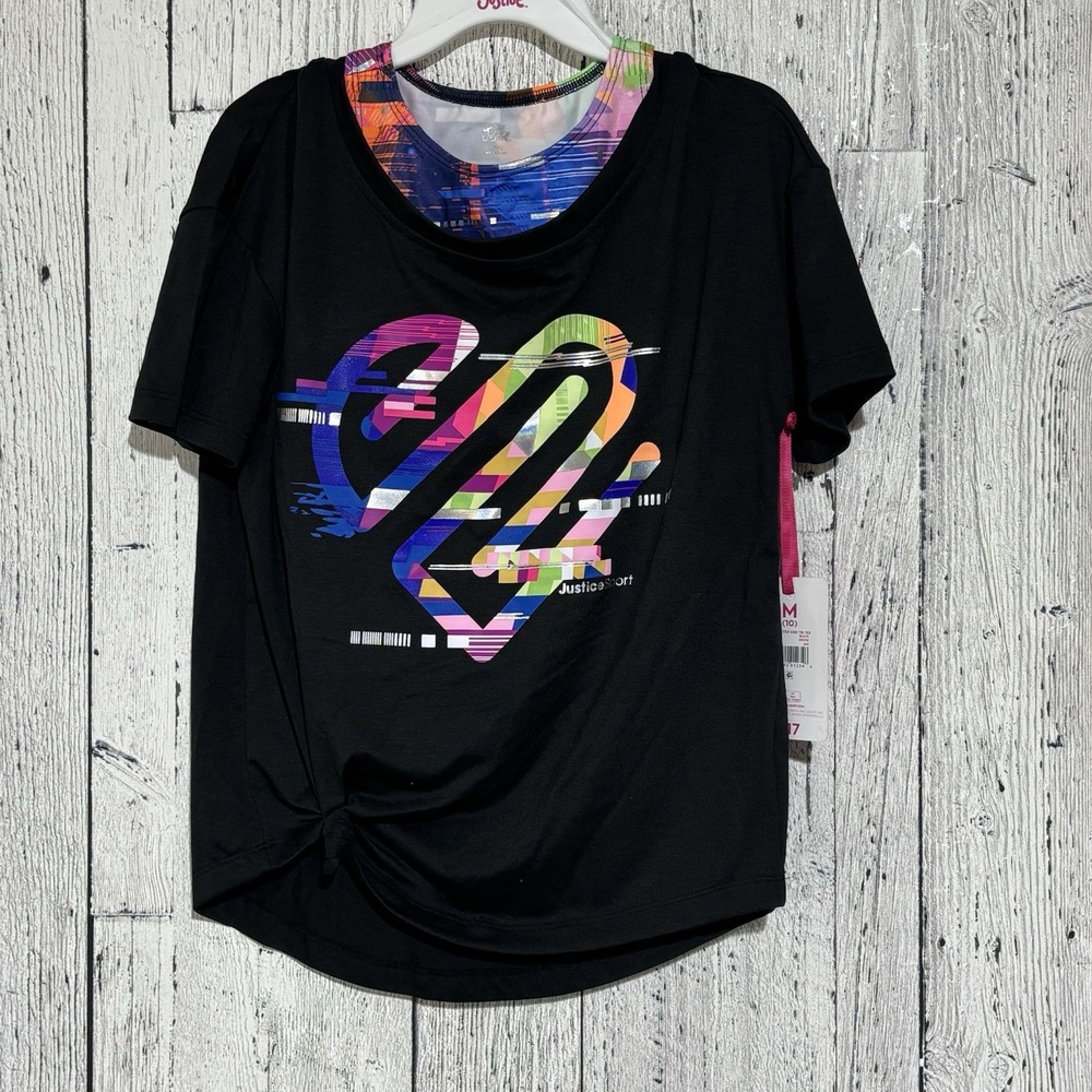 Justice Girls Size M 10 K Sport Side Tie Tee Black With Sport Bra Colorful